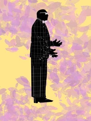 drawing, the background is a yellow background with purple leaves scattered across. The foreground, or front, is a silhouette, or shadow, of a man. in the stars. He has white glasses, a checkered suit on with a silver and pink bow tie. His arms are out and he is giving a speech with a smile and open hands. He is sparking from his bow tie to his hands. 