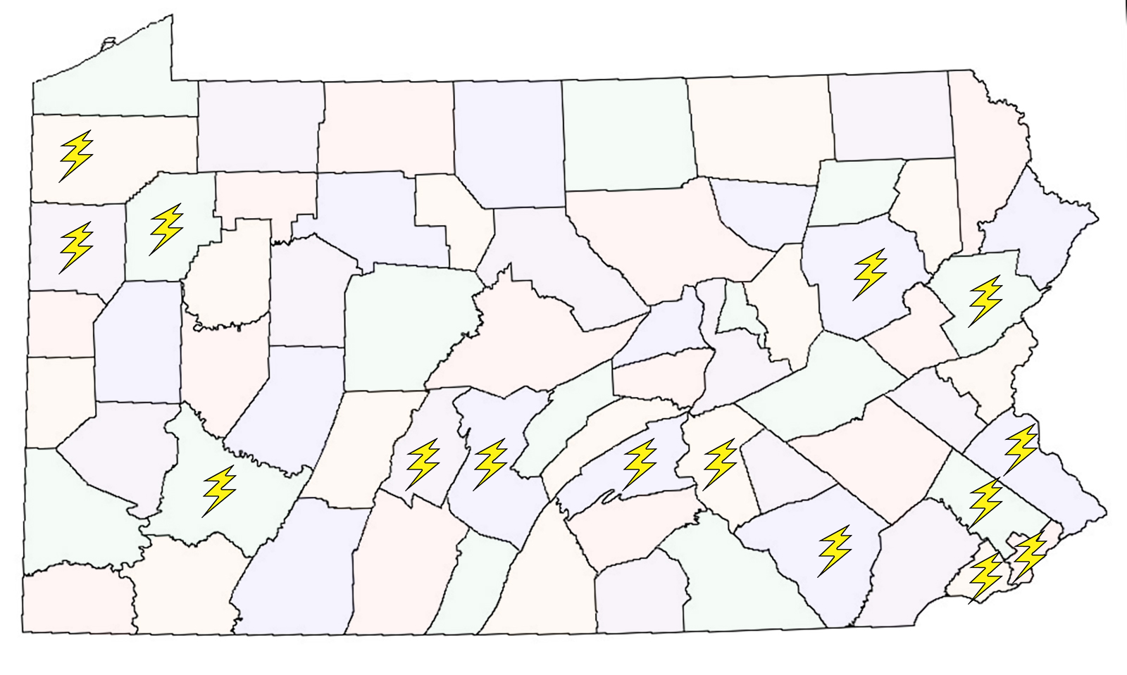 A colored map of Pennsylvania with yellow lightning bolts on the counties where SAU1 staff and board members are located.