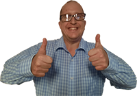SAPNA Power Coach Derek, wearing a blue plaid shirt and glasses, giving two thumbs up.