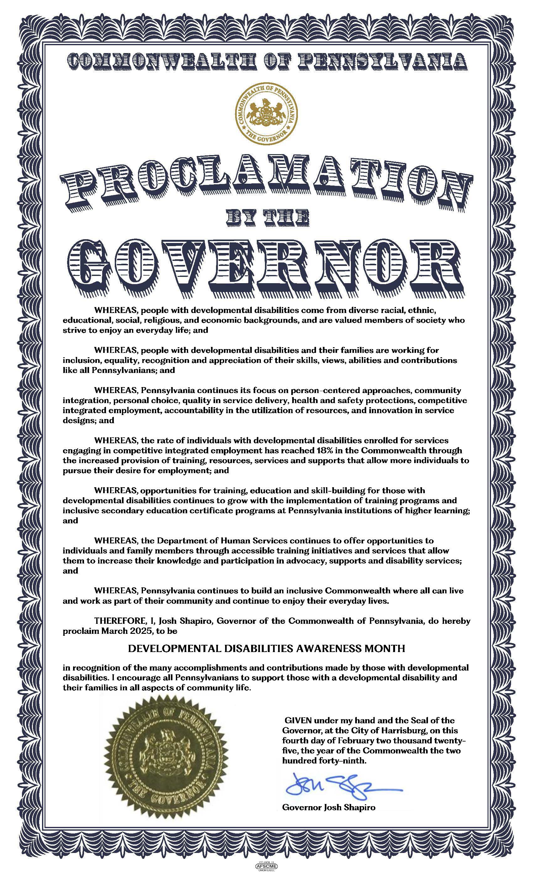 Developmental Disabilities Awareness Month Proclamation. Text of Proclamation in Image Description below image.