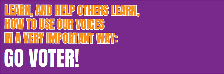 Text on a purple background reads Learn, and help others learn, how to use our voices in a very important way: Go Voter!