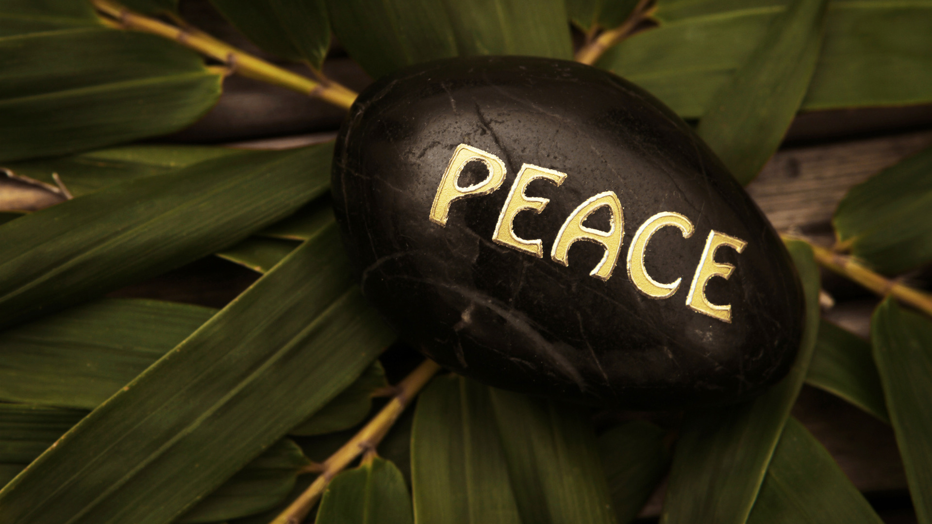 A smooth black stone with the word peace on it.