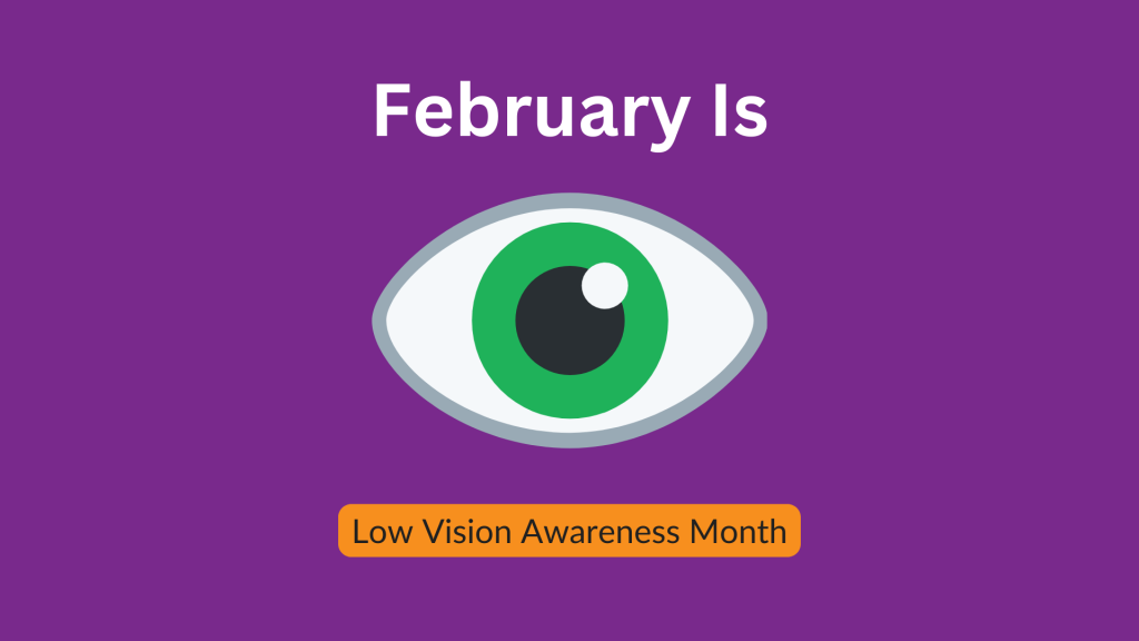 Banner with a green eye in the center. Text above the eye reads February is and text below the eye reads Low Vision Awareness Month