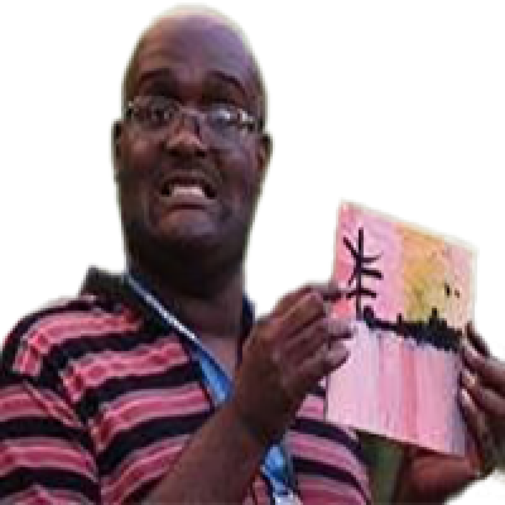 William, a smiling bald person wearing glasses and a black and red striped shirt, and holding a small painting.
