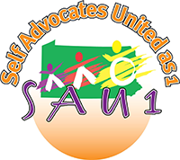 The Self Advocates United as 1 Logo has our name and initials. It includes outlines of people in different colors, one using a wheelchair and two walking, to reflect SAU1's diversity. There is an outline of Pennsylvania and sunrise colors. 