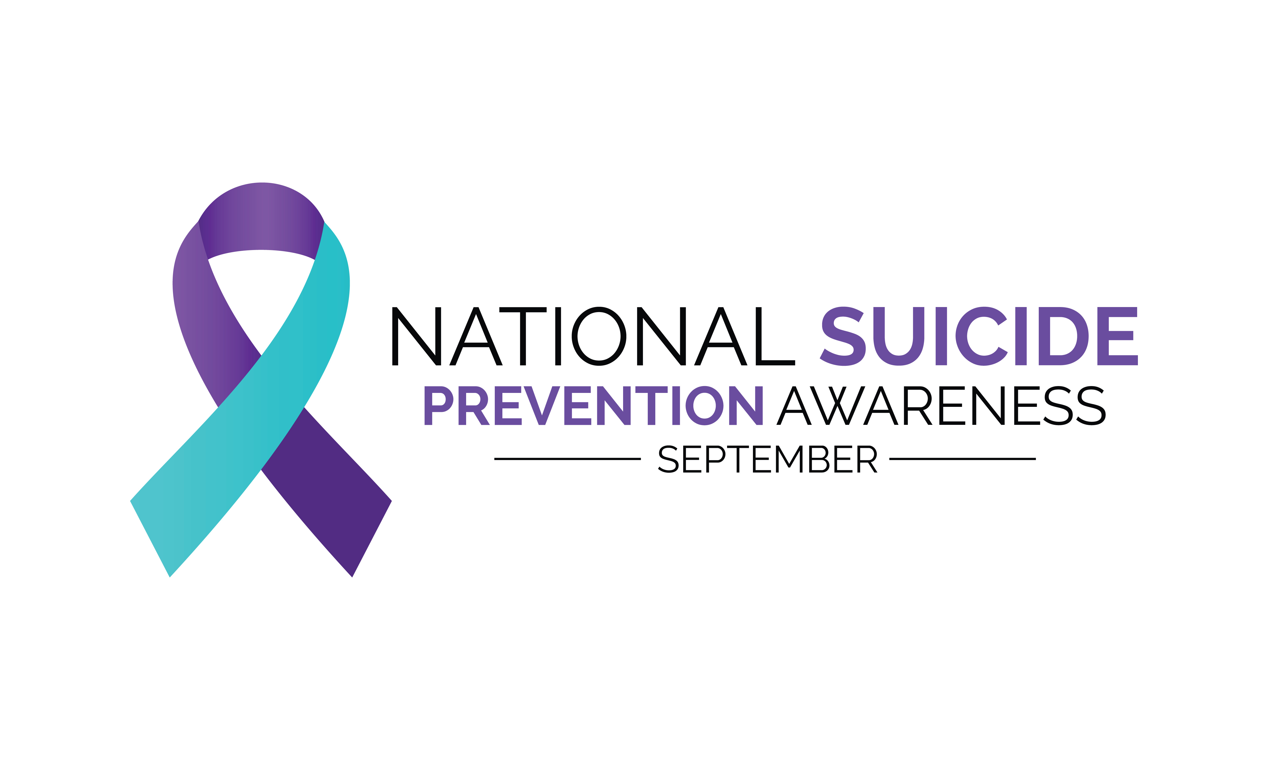 Suicide prevention awareness ribbon to the left of text that reads National Suicide Prevention Awareness September.